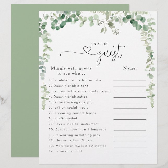 Eucalyptus Vrijgezellenfeest Zoek het gastspel (Voorkant / Achterkant)