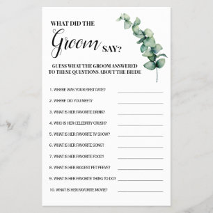 Eucalyptus Wat zei de Bruidegom Shower Spelkaart Flyer