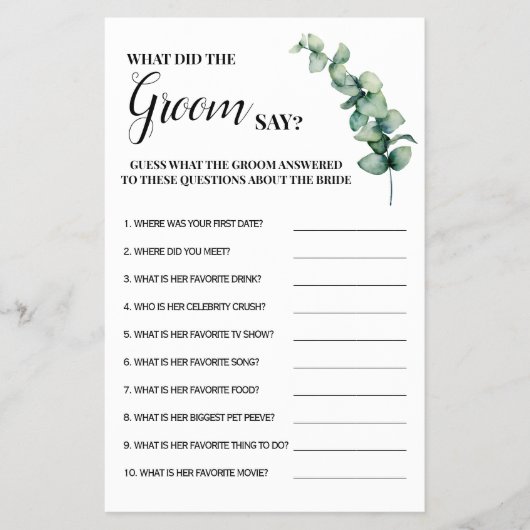 Eucalyptus Wat zei de Bruidegom Shower Spelkaart Flyer (Voorkant)