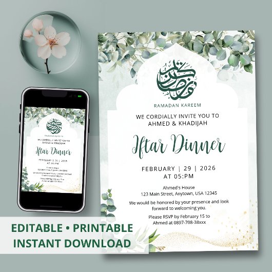 Eucalyptus Watercolor Boog Ramadan Iftar Diner Kaart