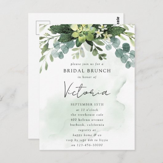 Eucalyptus Watercolor Chic Bruidsuitnodiging Briefkaart (Voorkant / Achterkant)
