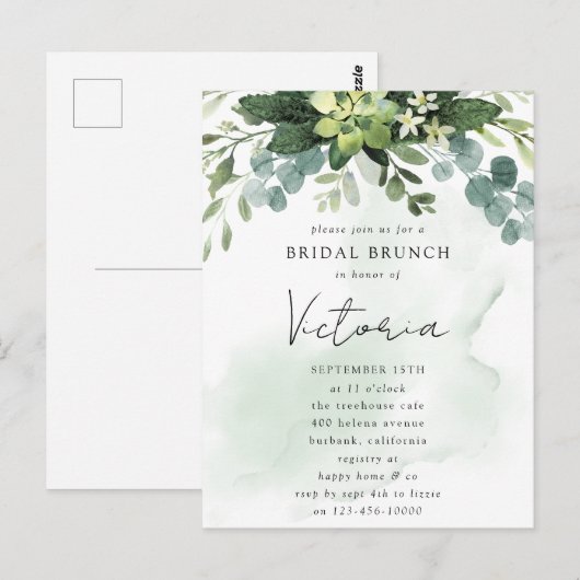 Eucalyptus Watercolor Chic Bruiloftsuitnodiging Briefkaart (Voorkant / Achterkant)