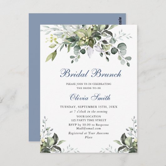 Eucalyptus Watercolor Groene Bruids Brunch Uitnodi Briefkaart (Voorkant / Achterkant)