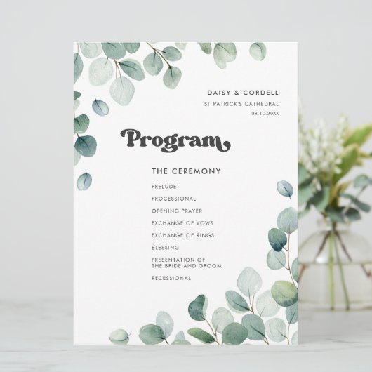 Eucalyptus watercolor groene bruiloft programmakaart (Staand voorkant)