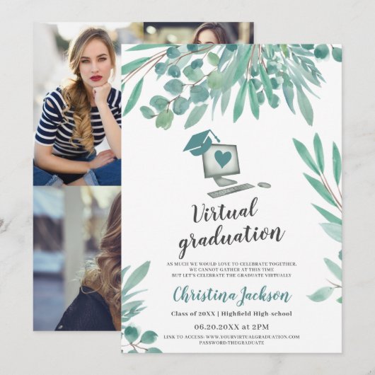 Eucalyptus watercolor muts foto virtuele afstudere kaart (Voorkant / Achterkant)