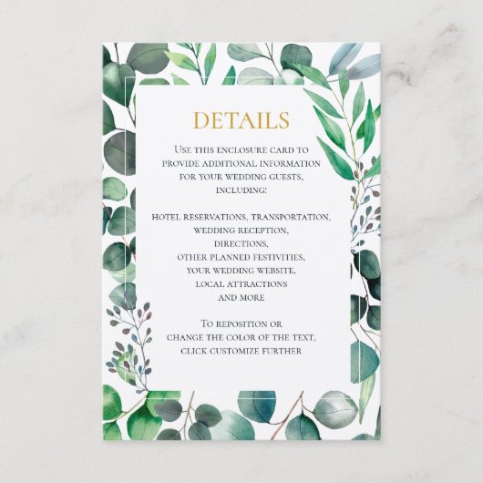 Eucalyptus Watercolor Wedding Invitation, Details Informatiekaartje (Voorkant)