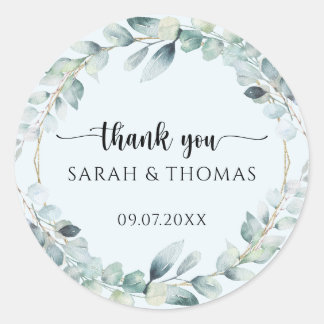 Eucalyptus Watercolor Wreath Wedding Thank You Ronde Sticker