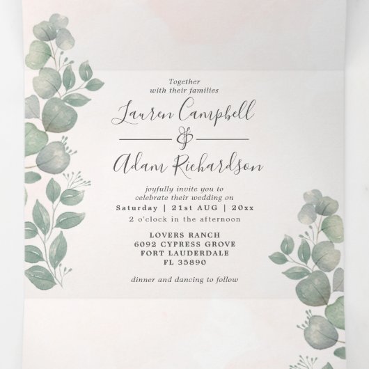 Eucalyptus Waterverf Alles-in-één bruiloft Drieluik Uitnodiging (Binnenkant midden)