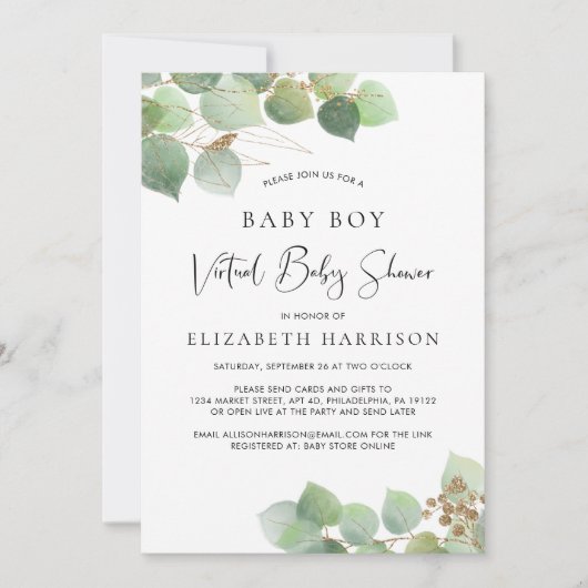Eucalyptus Waterverf Baby Boy Virtual Shower Kaart (Voorkant)