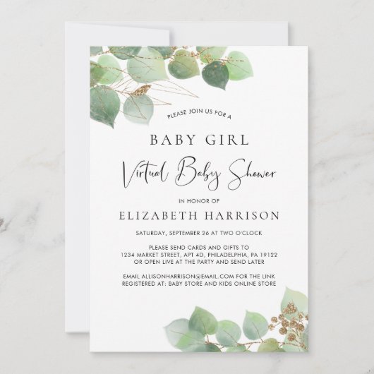 Eucalyptus Waterverf Baby Meisje Virtuele Douche Kaart (Voorkant)