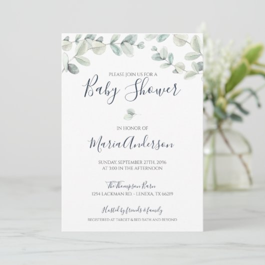 Eucalyptus Waterverf Baby shower Uitnodiging (Staand voorkant)