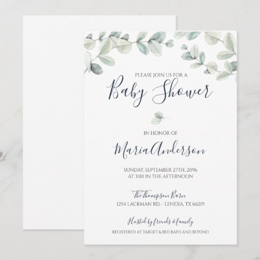 Eucalyptus Waterverf Baby shower Uitnodiging (Voorkant / Achterkant)