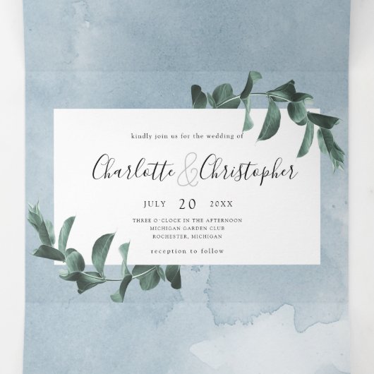 Eucalyptus waterverf blauw alles in één bruiloft drieluik uitnodiging (Binnenkant midden)