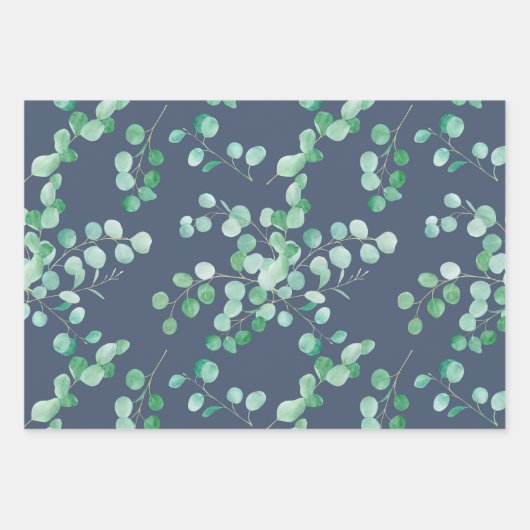 Eucalyptus Waterverf Branches op marineblauw Inpakpapier Vel (Voorkant)