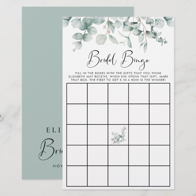 Eucalyptus Waterverf Bridal Bingo Shower Game (Voorkant / Achterkant)