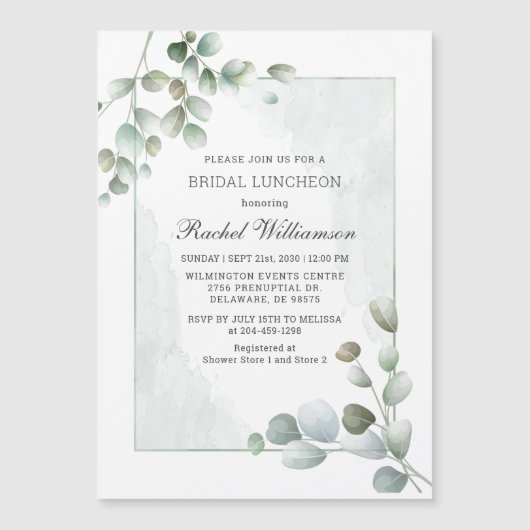 Eucalyptus Waterverf bruidslunch Magnetische Uitnodiging (Voorkant)
