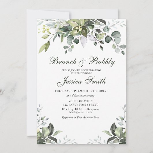 Eucalyptus Waterverf Brunch en Bubble Invitation Kaart (Voorkant)
