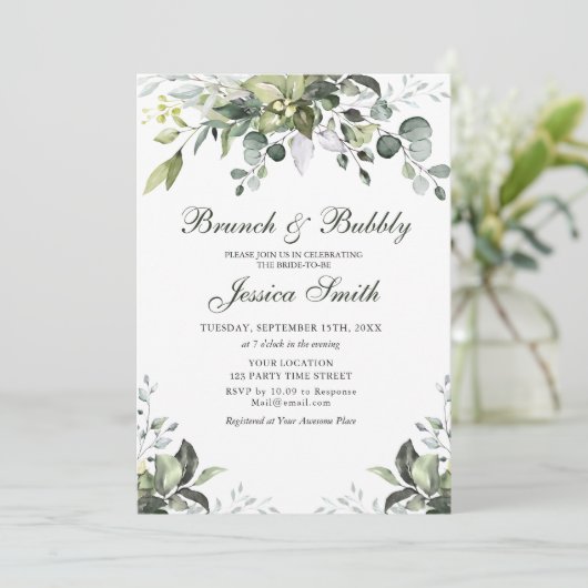 Eucalyptus Waterverf Brunch en Bubble Invitation Kaart (Staand voorkant)