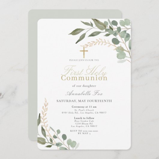 Eucalyptus Waterverf Eerste Heilige Communie Kaart (Voorkant / Achterkant)