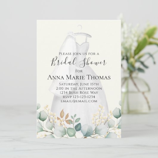 Eucalyptus Waterverf Elegant Bridal Gown Floral Kaart (Staand voorkant)