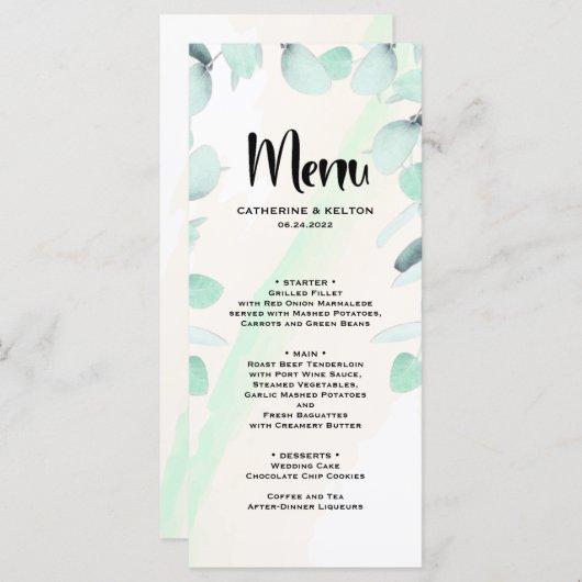 Eucalyptus Waterverf Elegant Greenery Wedding Menu (Voorkant / Achterkant)