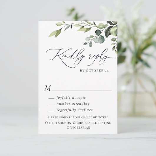 Eucalyptus Waterverf Floral bruiloft RSVP Kaartje (Staand voorkant)