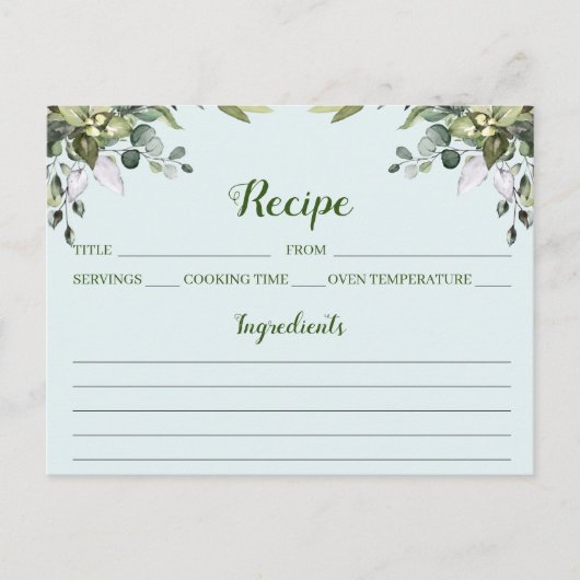 Eucalyptus Waterverf Floral Recipe Card Briefkaart (Voorkant)