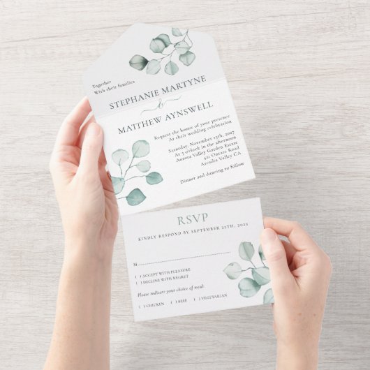 Eucalyptus Waterverf Foliage Botanical Wedding All In One Uitnodiging (Afscheurbaar)