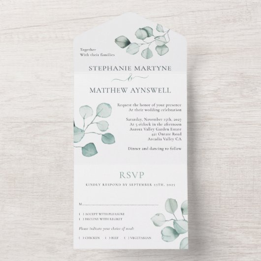 Eucalyptus Waterverf Foliage Botanical Wedding All In One Uitnodiging (Binnen)