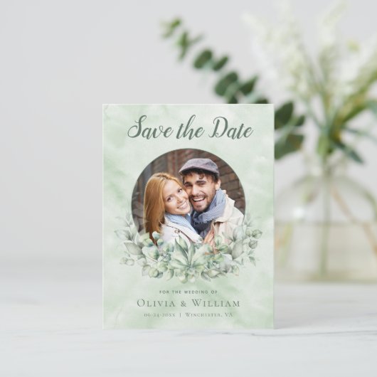 Eucalyptus Waterverf Foto Weddenschap Opslaan Datu Aankondigingskaart (Staand voorkant)