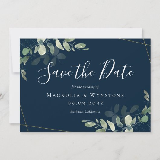 Eucalyptus Waterverf Gold Glitter Weddenschap Save Save The Date (Voorkant)