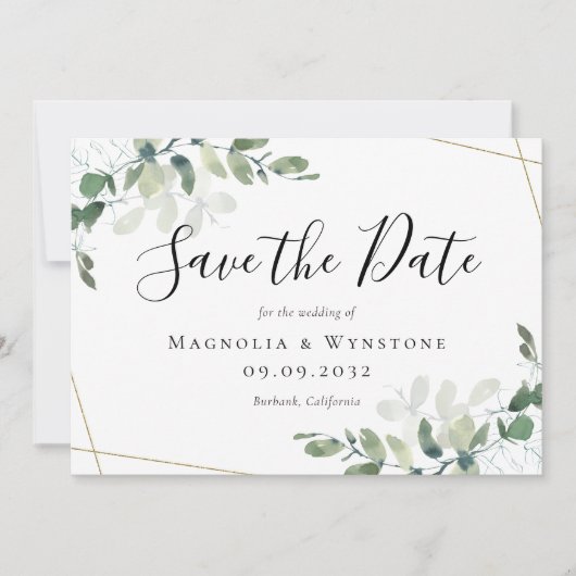 Eucalyptus Waterverf Gold Glitter Weddenschap Save The Date (Voorkant)