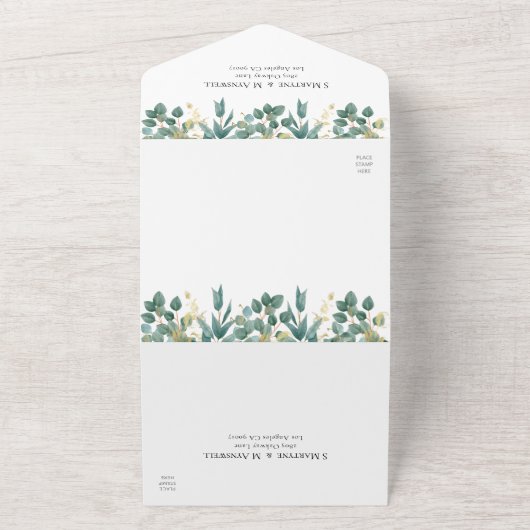 Eucalyptus Waterverf Gold Leaves Weddenschap All In One Uitnodiging (Buitenkant)