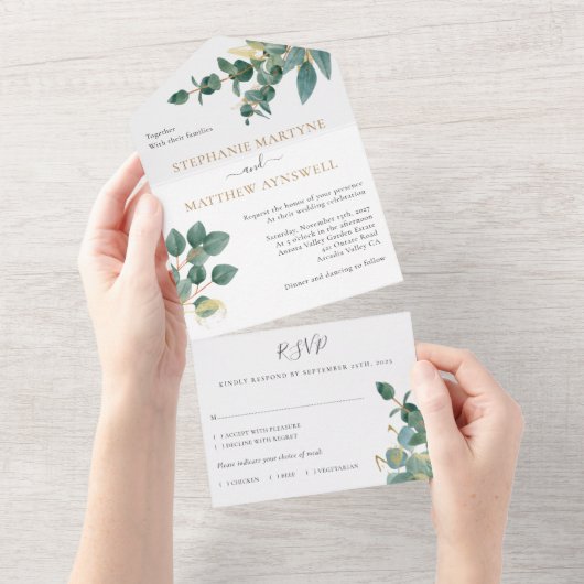 Eucalyptus Waterverf Gold Leaves Weddenschap All In One Uitnodiging (Afscheurbaar)