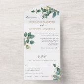 Eucalyptus Waterverf Gold Leaves Weddenschap All In One Uitnodiging (Binnen)