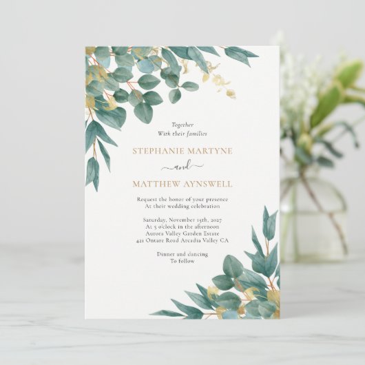 Eucalyptus Waterverf Gold Leaves Weddenschap Kaart (Staand voorkant)
