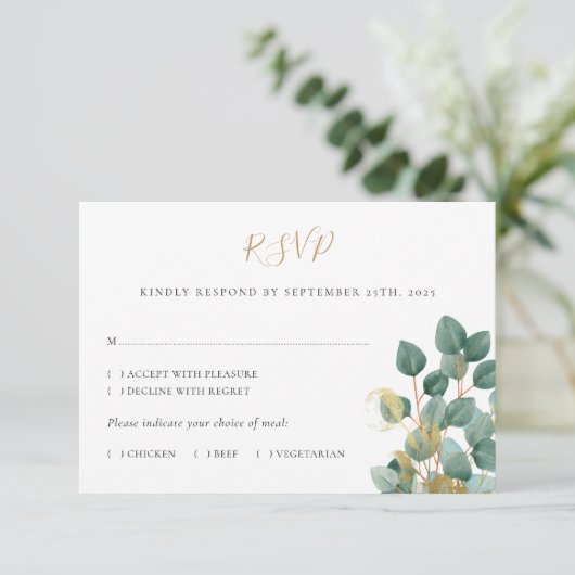 Eucalyptus Waterverf Gouden Bruiloft RSVP Kaart (Staand voorkant)