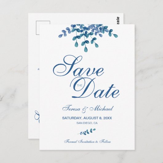 Eucalyptus Waterverf Green Wedding Save the Date Briefkaart (Voorkant / Achterkant)