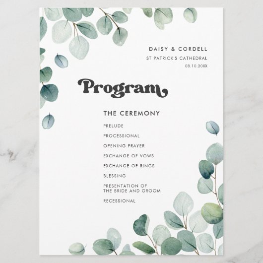 Eucalyptus waterverf greenery bruiloft programmakaart (Voorkant)