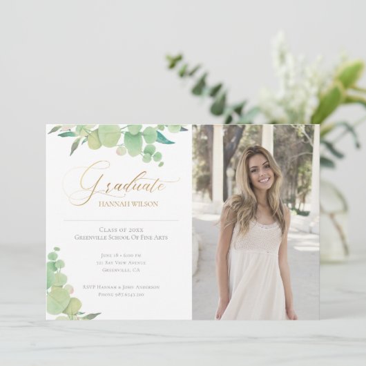 Eucalyptus Waterverf Greenery Foto Afstuderen Aankondiging (Staand voorkant)