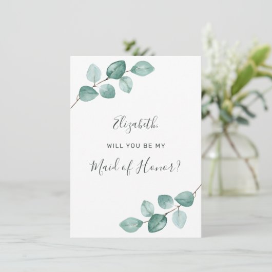 Eucalyptus Waterverf Greenery Maid of Honor Kaart (Staand voorkant)