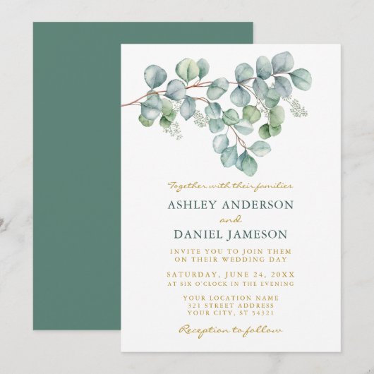 Eucalyptus Waterverf Greenery Wedding Gold Kaart (Voorkant / Achterkant)
