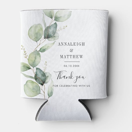 Eucalyptus Waterverf groen bruiloft gunsten Blikjeskoeler (Voorkant)