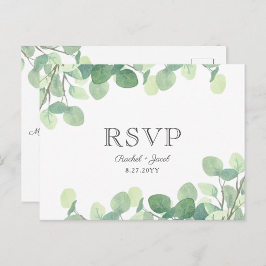 Eucalyptus Waterverf groen bruiloft RSVP Briefkaart (Voorkant / Achterkant)