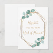 Eucalyptus Waterverf Groen Goud Maid of Honor Kaart (Voorkant / Achterkant)