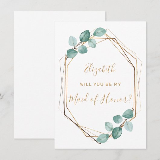 Eucalyptus Waterverf Groen Goud Maid of Honor Kaart (Voorkant / Achterkant)