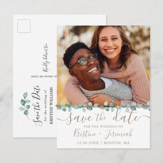 Eucalyptus Waterverf Groene foto Save the Date Aankondigingskaart (Voorkant / Achterkant)