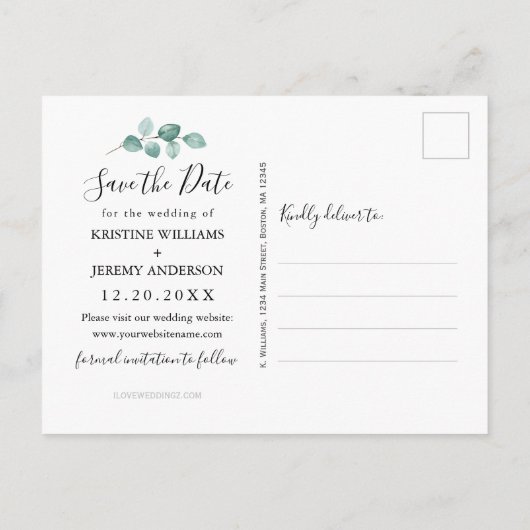 Eucalyptus Waterverf Groene foto Save the Date Aankondigingskaart (Achterkant)