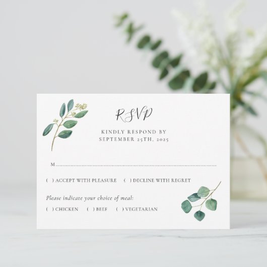 Eucalyptus Waterverf laat botanische bruiloft RSVP Kaartje (Staand voorkant)