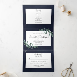 Eucalyptus waterverf marineblauw alles in één brui drieluik uitnodiging